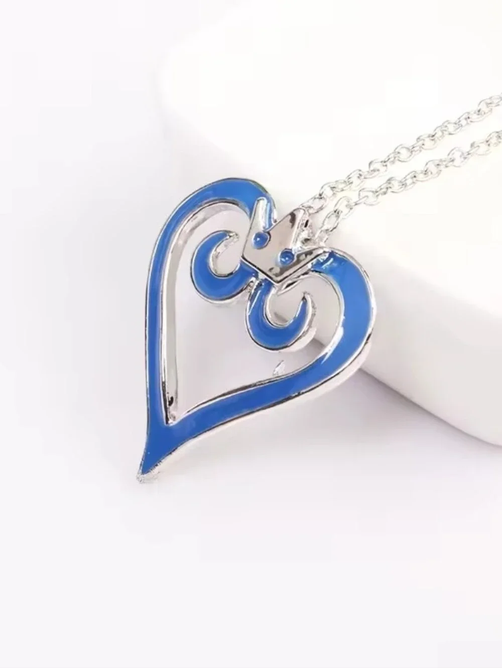 Kingdom Hearts Blue Heart & Crown Silver Tone Necklace
